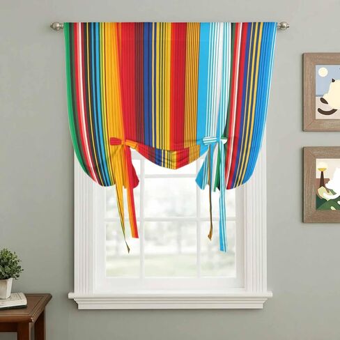 Mexican Stripes Tie Up Curtains for Window, Mexican Ethnic Native Colorful Lines Thermal Insulated Balloon Shade Adjustable Rod Pocket Curtains Valance Panels for Kitchen Bathroom Café 42'' x 45'' in Saudi Arabia