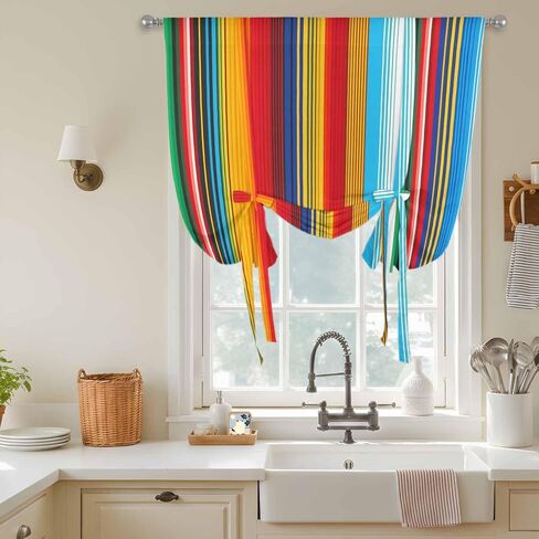 Mexican Stripes Tie Up Curtains for Window, Mexican Ethnic Native Colorful Lines Thermal Insulated Balloon Shade Adjustable Rod Pocket Curtains Valance Panels for Kitchen Bathroom Café 42'' x 45'' in Saudi Arabia