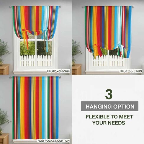 Mexican Stripes Tie Up Curtains for Window, Mexican Ethnic Native Colorful Lines Thermal Insulated Balloon Shade Adjustable Rod Pocket Curtains Valance Panels for Kitchen Bathroom Café 42'' x 45'' in Saudi Arabia
