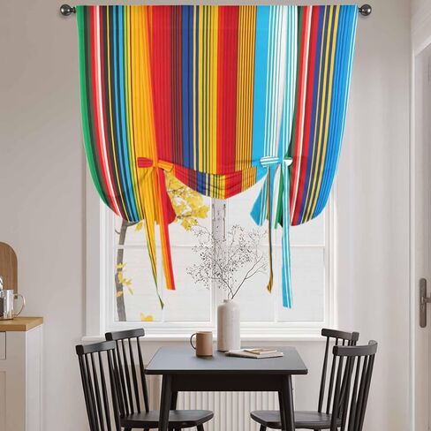 Mexican Stripes Tie Up Curtains for Window, Mexican Ethnic Native Colorful Lines Thermal Insulated Balloon Shade Adjustable Rod Pocket Curtains Valance Panels for Kitchen Bathroom Café 42'' x 45'' in Saudi Arabia