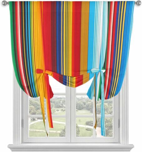 Mexican Stripes Tie Up Curtains for Window, Mexican Ethnic Native Colorful Lines Thermal Insulated Balloon Shade Adjustable Rod Pocket Curtains Valance Panels for Kitchen Bathroom Café 42'' x 45'' in Saudi Arabia