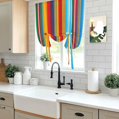 Mexican Stripes Tie Up Curtains for Window, Mexican Ethnic Native Colorful Lines Thermal Insulated Balloon Shade Adjustable Rod Pocket Curtains Valance Panels for Kitchen Bathroom Café 42'' x 45'' in Saudi Arabia