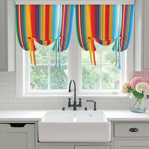 Mexican Stripes Tie Up Curtains for Window, Mexican Ethnic Native Colorful Lines Thermal Insulated Balloon Shade Adjustable Rod Pocket Curtains Valance Panels for Kitchen Bathroom Café 42'' x 45'' in Saudi Arabia
