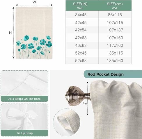 Turquoise Flowers Tie Up Curtains for Window, Spring Retro Watercolor Botanical Floral Thermal Balloon Shade Adjustable Rod Pocket Curtains Valance Panels for Kitchen Bathroom Café 42'' x 45'' in Saudi Arabia