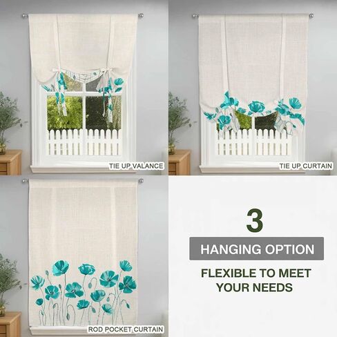 Turquoise Flowers Tie Up Curtains for Window, Spring Retro Watercolor Botanical Floral Thermal Balloon Shade Adjustable Rod Pocket Curtains Valance Panels for Kitchen Bathroom Café 42'' x 45'' in Saudi Arabia