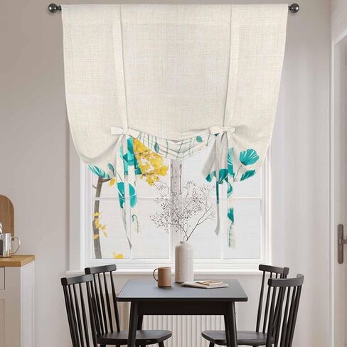 Turquoise Flowers Tie Up Curtains for Window, Spring Retro Watercolor Botanical Floral Thermal Balloon Shade Adjustable Rod Pocket Curtains Valance Panels for Kitchen Bathroom Café 42'' x 45'' in Saudi Arabia