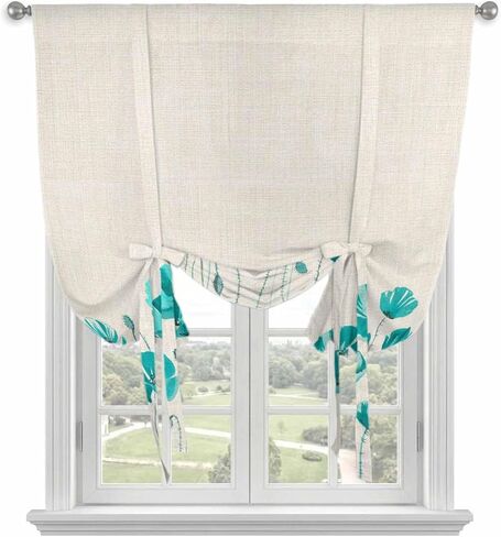 Turquoise Flowers Tie Up Curtains for Window, Spring Retro Watercolor Botanical Floral Thermal Balloon Shade Adjustable Rod Pocket Curtains Valance Panels for Kitchen Bathroom Café 42'' x 45'' in Saudi Arabia