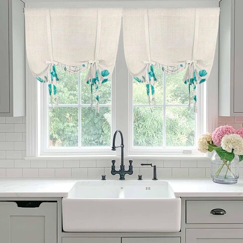 Turquoise Flowers Tie Up Curtains for Window, Spring Retro Watercolor Botanical Floral Thermal Balloon Shade Adjustable Rod Pocket Curtains Valance Panels for Kitchen Bathroom Café 42'' x 45'' in Saudi Arabia