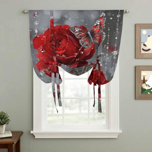 Red Roses Tie Up Curtains for Window, Valentine's Day Crystal Butterflies Floral Thermal Insulated Balloon Shade Adjustable Rod Pocket Curtains Valance Panels for Kitchen Bathroom Café 42'' x 63'' in Saudi Arabia