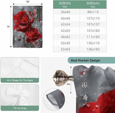 Red Roses Tie Up Curtains for Window, Valentine's Day Crystal Butterflies Floral Thermal Insulated Balloon Shade Adjustable Rod Pocket Curtains Valance Panels for Kitchen Bathroom Café 42'' x 63'' in Saudi Arabia