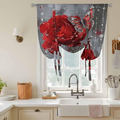 Red Roses Tie Up Curtains for Window, Valentine's Day Crystal Butterflies Floral Thermal Insulated Balloon Shade Adjustable Rod Pocket Curtains Valance Panels for Kitchen Bathroom Café 42'' x 63'' in Saudi Arabia