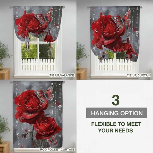 Red Roses Tie Up Curtains for Window, Valentine's Day Crystal Butterflies Floral Thermal Insulated Balloon Shade Adjustable Rod Pocket Curtains Valance Panels for Kitchen Bathroom Café 42'' x 63'' in Saudi Arabia