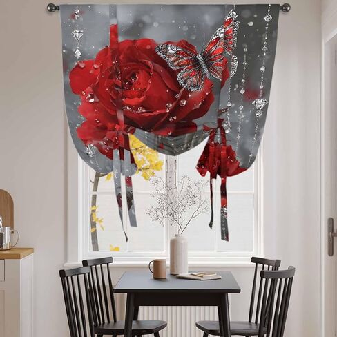 Red Roses Tie Up Curtains for Window, Valentine's Day Crystal Butterflies Floral Thermal Insulated Balloon Shade Adjustable Rod Pocket Curtains Valance Panels for Kitchen Bathroom Café 42'' x 63'' in Saudi Arabia