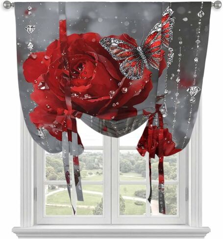 Red Roses Tie Up Curtains for Window, Valentine's Day Crystal Butterflies Floral Thermal Insulated Balloon Shade Adjustable Rod Pocket Curtains Valance Panels for Kitchen Bathroom Café 42'' x 63'' in Saudi Arabia