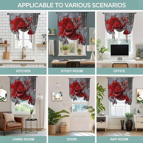Red Roses Tie Up Curtains for Window, Valentine's Day Crystal Butterflies Floral Thermal Insulated Balloon Shade Adjustable Rod Pocket Curtains Valance Panels for Kitchen Bathroom Café 42'' x 63'' in Saudi Arabia