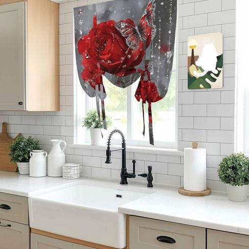 Red Roses Tie Up Curtains for Window, Valentine's Day Crystal Butterflies Floral Thermal Insulated Balloon Shade Adjustable Rod Pocket Curtains Valance Panels for Kitchen Bathroom Café 42'' x 63'' in Saudi Arabia