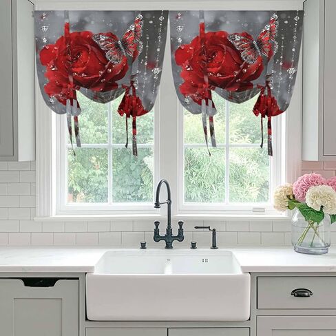 Red Roses Tie Up Curtains for Window, Valentine's Day Crystal Butterflies Floral Thermal Insulated Balloon Shade Adjustable Rod Pocket Curtains Valance Panels for Kitchen Bathroom Café 42'' x 63'' in Saudi Arabia