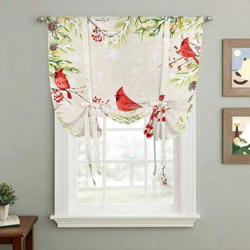 Christmas Red Bird Tie Up Curtains for Window, Xmas Tree Branches Snowflakes Winter Thermal Insulated Balloon Shade Adjustable Rod Pocket Curtains Valance Panels for Kitchen Bathroom Café 34'' x 45'' in Saudi Arabia