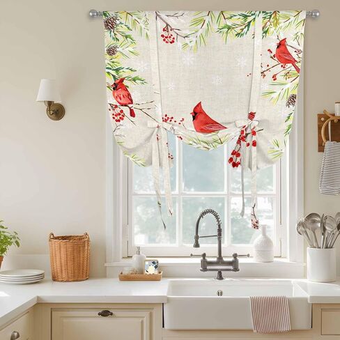 Christmas Red Bird Tie Up Curtains for Window, Xmas Tree Branches Snowflakes Winter Thermal Insulated Balloon Shade Adjustable Rod Pocket Curtains Valance Panels for Kitchen Bathroom Café 34'' x 45'' in Saudi Arabia