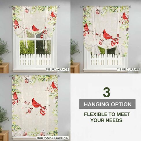 Christmas Red Bird Tie Up Curtains for Window, Xmas Tree Branches Snowflakes Winter Thermal Insulated Balloon Shade Adjustable Rod Pocket Curtains Valance Panels for Kitchen Bathroom Café 34'' x 45'' in Saudi Arabia