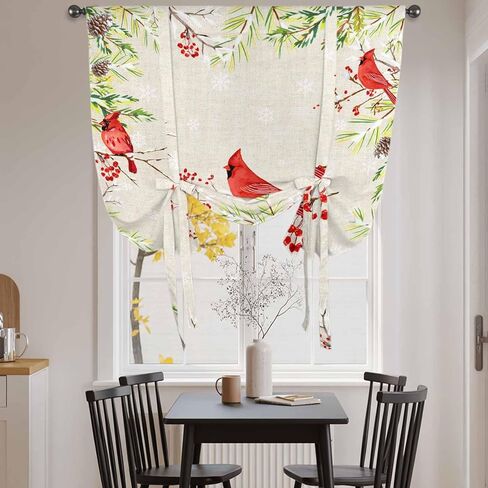 Christmas Red Bird Tie Up Curtains for Window, Xmas Tree Branches Snowflakes Winter Thermal Insulated Balloon Shade Adjustable Rod Pocket Curtains Valance Panels for Kitchen Bathroom Café 34'' x 45'' in Saudi Arabia