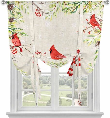Christmas Red Bird Tie Up Curtains for Window, Xmas Tree Branches Snowflakes Winter Thermal Insulated Balloon Shade Adjustable Rod Pocket Curtains Valance Panels for Kitchen Bathroom Café 34'' x 45'' in Saudi Arabia