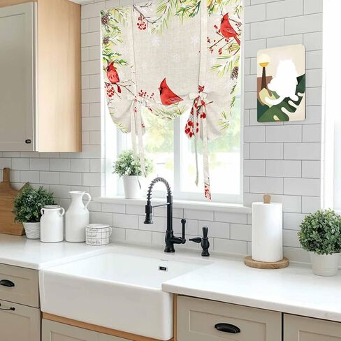 Christmas Red Bird Tie Up Curtains for Window, Xmas Tree Branches Snowflakes Winter Thermal Insulated Balloon Shade Adjustable Rod Pocket Curtains Valance Panels for Kitchen Bathroom Café 34'' x 45'' in Saudi Arabia