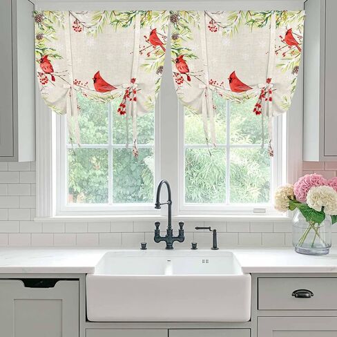 Christmas Red Bird Tie Up Curtains for Window, Xmas Tree Branches Snowflakes Winter Thermal Insulated Balloon Shade Adjustable Rod Pocket Curtains Valance Panels for Kitchen Bathroom Café 34'' x 45'' in Saudi Arabia