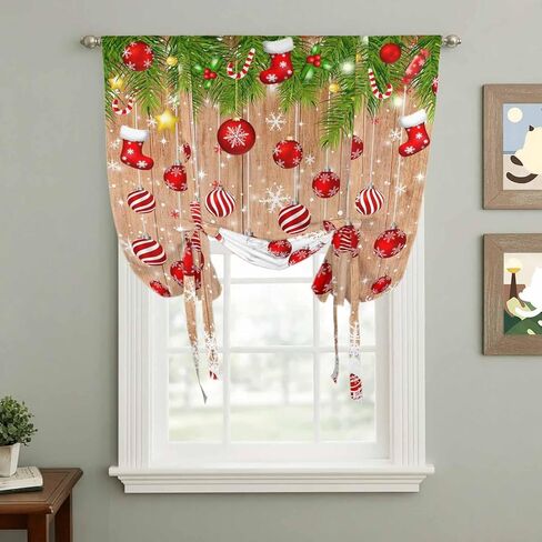 Christmas Balls Tie Up Curtains for Window, Winter Snowflake Farmhouse Wooden Grain Thermal Insulated Balloon Shade Adjustable Rod Pocket Curtains Valance Panels for Kitchen Bathroom Café 42'' x 54'' in Saudi Arabia