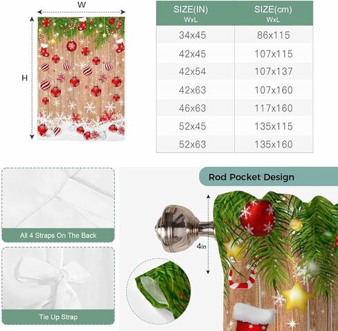 Christmas Balls Tie Up Curtains for Window, Winter Snowflake Farmhouse Wooden Grain Thermal Insulated Balloon Shade Adjustable Rod Pocket Curtains Valance Panels for Kitchen Bathroom Café 42'' x 54'' in Saudi Arabia