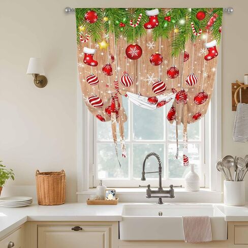 Christmas Balls Tie Up Curtains for Window, Winter Snowflake Farmhouse Wooden Grain Thermal Insulated Balloon Shade Adjustable Rod Pocket Curtains Valance Panels for Kitchen Bathroom Café 42'' x 54'' in Saudi Arabia