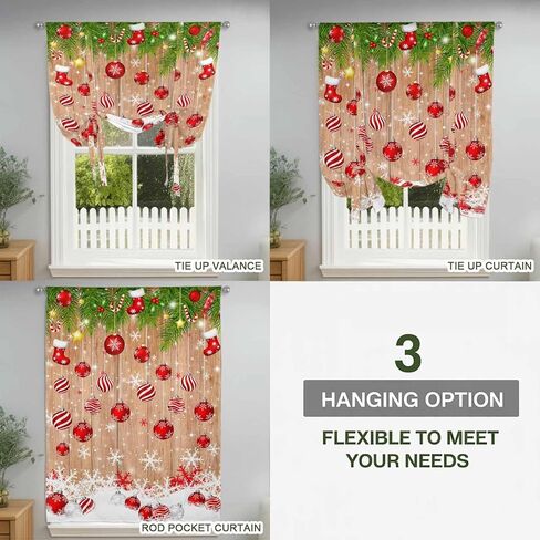 Christmas Balls Tie Up Curtains for Window, Winter Snowflake Farmhouse Wooden Grain Thermal Insulated Balloon Shade Adjustable Rod Pocket Curtains Valance Panels for Kitchen Bathroom Café 42'' x 54'' in Saudi Arabia