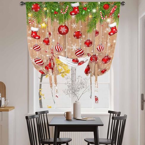 Christmas Balls Tie Up Curtains for Window, Winter Snowflake Farmhouse Wooden Grain Thermal Insulated Balloon Shade Adjustable Rod Pocket Curtains Valance Panels for Kitchen Bathroom Café 42'' x 54'' in Saudi Arabia