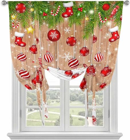 Christmas Balls Tie Up Curtains for Window, Winter Snowflake Farmhouse Wooden Grain Thermal Insulated Balloon Shade Adjustable Rod Pocket Curtains Valance Panels for Kitchen Bathroom Café 42'' x 54'' in Saudi Arabia