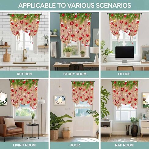 Christmas Balls Tie Up Curtains for Window, Winter Snowflake Farmhouse Wooden Grain Thermal Insulated Balloon Shade Adjustable Rod Pocket Curtains Valance Panels for Kitchen Bathroom Café 42'' x 54'' in Saudi Arabia