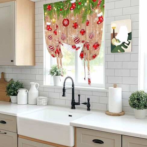 Christmas Balls Tie Up Curtains for Window, Winter Snowflake Farmhouse Wooden Grain Thermal Insulated Balloon Shade Adjustable Rod Pocket Curtains Valance Panels for Kitchen Bathroom Café 42'' x 54'' in Saudi Arabia