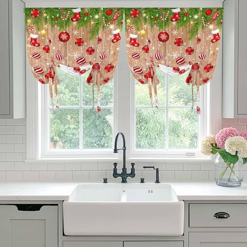 Christmas Balls Tie Up Curtains for Window, Winter Snowflake Farmhouse Wooden Grain Thermal Insulated Balloon Shade Adjustable Rod Pocket Curtains Valance Panels for Kitchen Bathroom Café 42'' x 54'' in Saudi Arabia