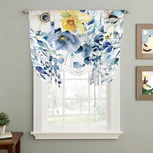 Teal Blue Eucalyptus Tie Up Curtains for Window, Spring Garden Floral Leaves Botanical Thermal Balloon Shade Adjustable Rod Pocket Curtains Valance Panels for Kitchen Bathroom Café 46'' x 63'' in Saudi Arabia