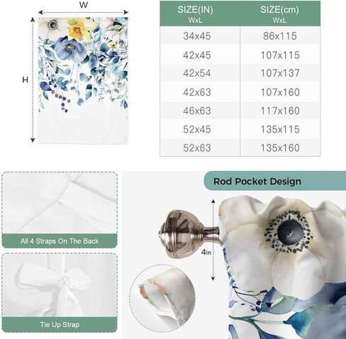 Teal Blue Eucalyptus Tie Up Curtains for Window, Spring Garden Floral Leaves Botanical Thermal Balloon Shade Adjustable Rod Pocket Curtains Valance Panels for Kitchen Bathroom Café 46'' x 63'' in Saudi Arabia