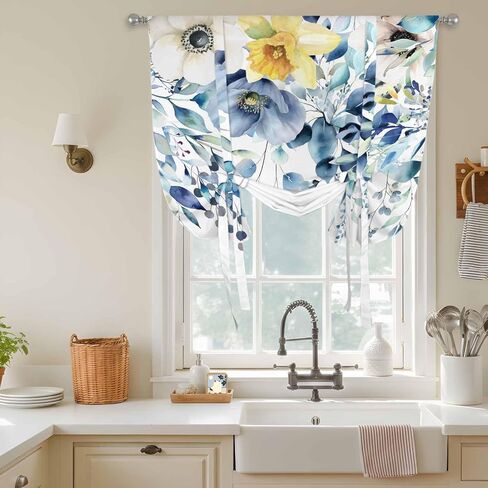 Teal Blue Eucalyptus Tie Up Curtains for Window, Spring Garden Floral Leaves Botanical Thermal Balloon Shade Adjustable Rod Pocket Curtains Valance Panels for Kitchen Bathroom Café 46'' x 63'' in Saudi Arabia