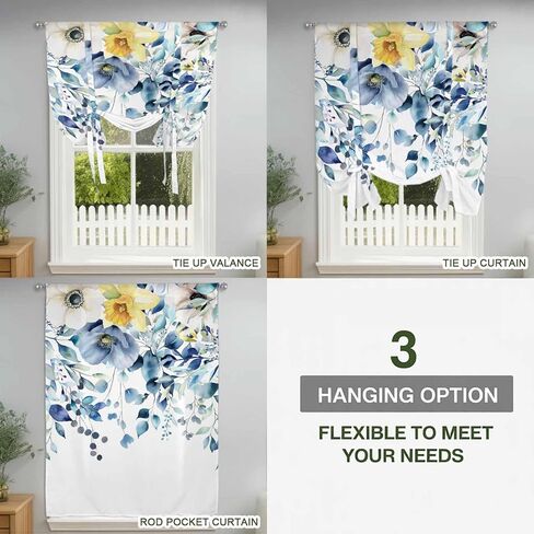 Teal Blue Eucalyptus Tie Up Curtains for Window, Spring Garden Floral Leaves Botanical Thermal Balloon Shade Adjustable Rod Pocket Curtains Valance Panels for Kitchen Bathroom Café 46'' x 63'' in Saudi Arabia