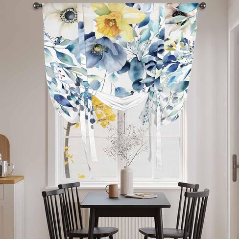 Teal Blue Eucalyptus Tie Up Curtains for Window, Spring Garden Floral Leaves Botanical Thermal Balloon Shade Adjustable Rod Pocket Curtains Valance Panels for Kitchen Bathroom Café 46'' x 63'' in Saudi Arabia