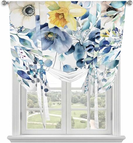 Teal Blue Eucalyptus Tie Up Curtains for Window, Spring Garden Floral Leaves Botanical Thermal Balloon Shade Adjustable Rod Pocket Curtains Valance Panels for Kitchen Bathroom Café 46'' x 63'' in Saudi Arabia
