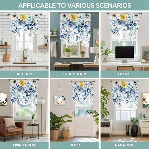 Teal Blue Eucalyptus Tie Up Curtains for Window, Spring Garden Floral Leaves Botanical Thermal Balloon Shade Adjustable Rod Pocket Curtains Valance Panels for Kitchen Bathroom Café 46'' x 63'' in Saudi Arabia