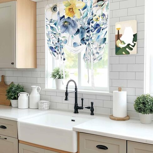 Teal Blue Eucalyptus Tie Up Curtains for Window, Spring Garden Floral Leaves Botanical Thermal Balloon Shade Adjustable Rod Pocket Curtains Valance Panels for Kitchen Bathroom Café 46'' x 63'' in Saudi Arabia