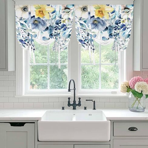 Teal Blue Eucalyptus Tie Up Curtains for Window, Spring Garden Floral Leaves Botanical Thermal Balloon Shade Adjustable Rod Pocket Curtains Valance Panels for Kitchen Bathroom Café 46'' x 63'' in Saudi Arabia