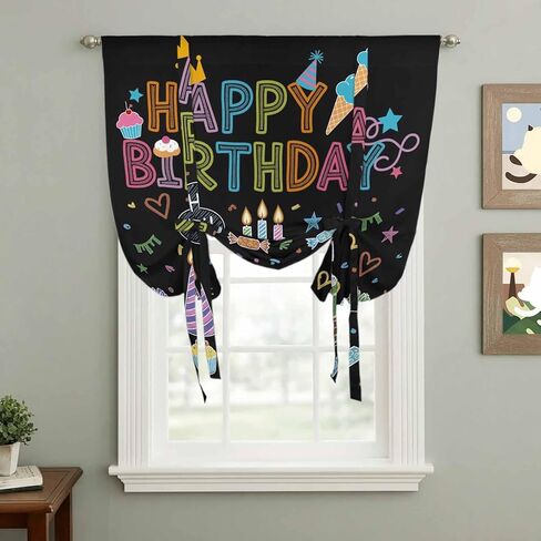 HAPPY BIRTHDAY Tie Up Curtains for Window, Cartoon Cakes Candles Lines Painted Thermal Insulated Balloon Shade Adjustable Rod Pocket Curtains Valance Panels for Kitchen Bathroom Café 42'' x 45'' in Saudi Arabia