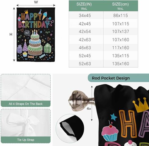 HAPPY BIRTHDAY Tie Up Curtains for Window, Cartoon Cakes Candles Lines Painted Thermal Insulated Balloon Shade Adjustable Rod Pocket Curtains Valance Panels for Kitchen Bathroom Café 42'' x 45'' in Saudi Arabia