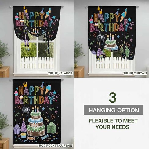 HAPPY BIRTHDAY Tie Up Curtains for Window, Cartoon Cakes Candles Lines Painted Thermal Insulated Balloon Shade Adjustable Rod Pocket Curtains Valance Panels for Kitchen Bathroom Café 42'' x 45'' in Saudi Arabia