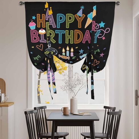 HAPPY BIRTHDAY Tie Up Curtains for Window, Cartoon Cakes Candles Lines Painted Thermal Insulated Balloon Shade Adjustable Rod Pocket Curtains Valance Panels for Kitchen Bathroom Café 42'' x 45'' in Saudi Arabia